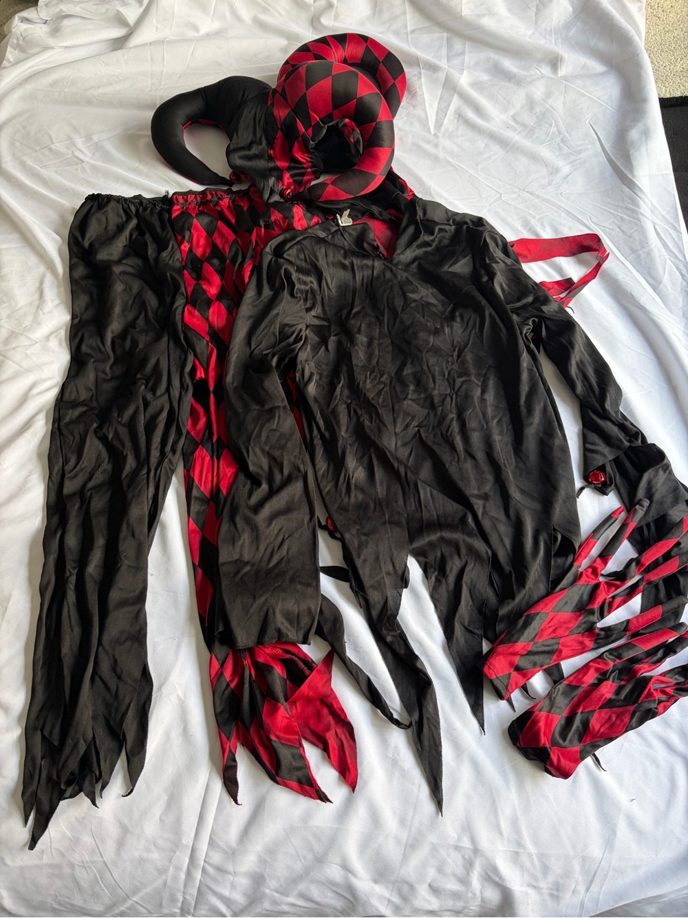 Kids Red and Black Harlequin Jester Costume with Hooded Hat and Mask